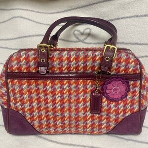 Coach Hamptons Houndstooth Tweed and Suede Flower Satchel